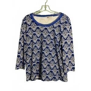 Laura Ashley Stylish Blue and White Printed Elbow length Sleeve Top Large